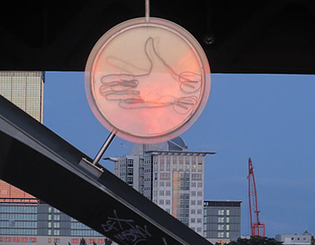 Neon light  art installation on Berlin's iconic Oberbaumbruecke bridge